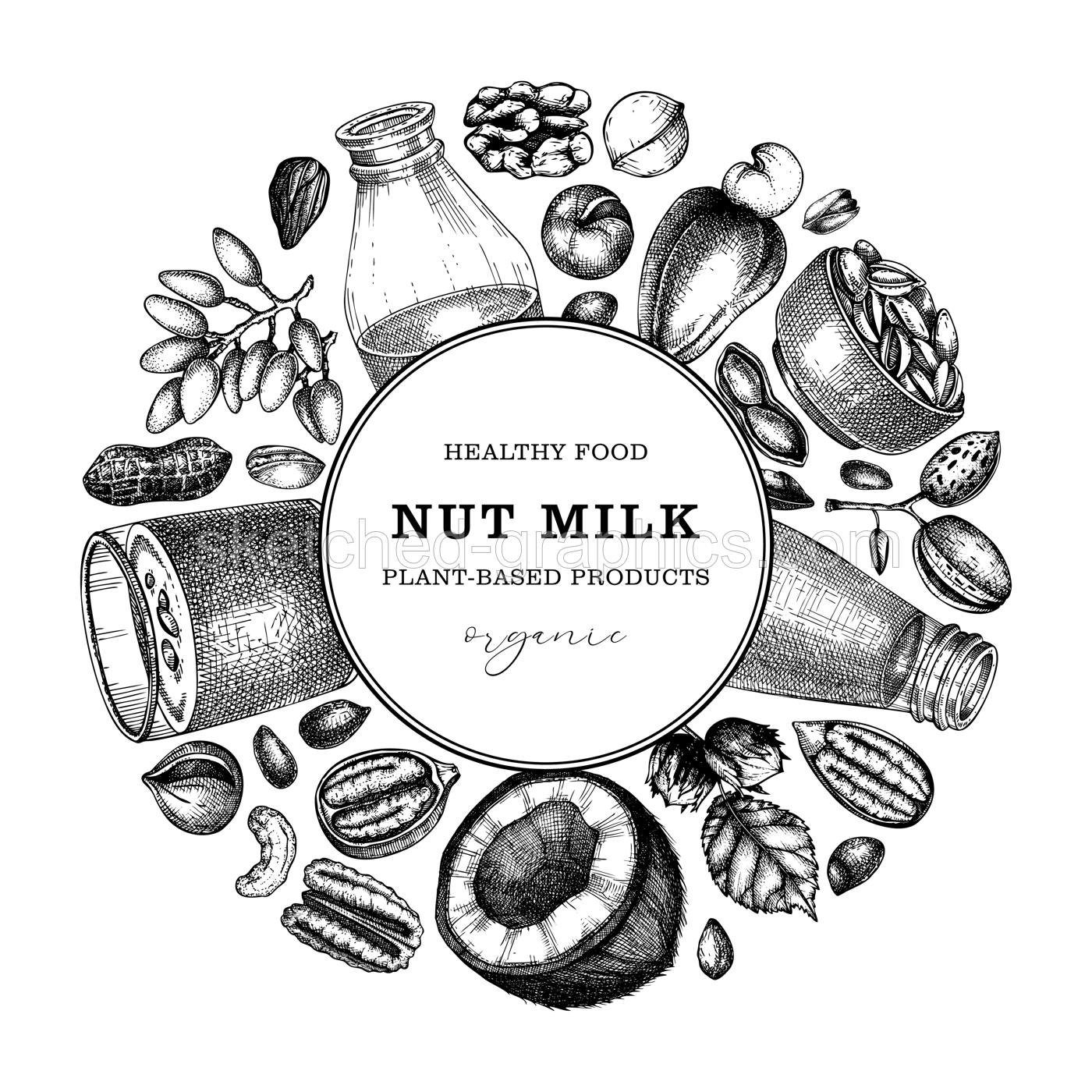 Vegetarian food banner design. Dairy products advertising background. Plant milk in glass, bottle, almond, pecan, coconut, pistachio sketch. Healthy drink, nut milk packaging, print, label template.  Illustration